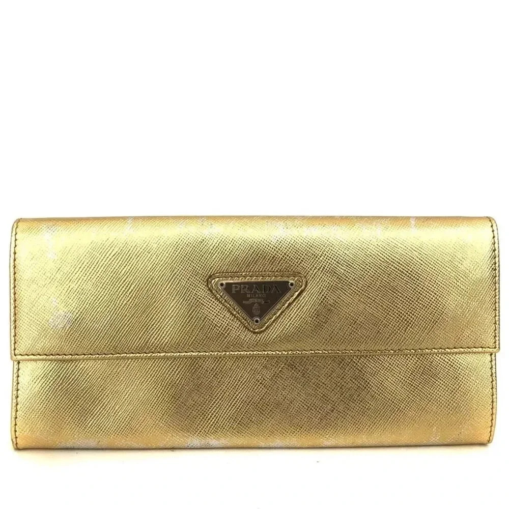 Prada Gold Saffiano Leather Wallet with Logo Accents